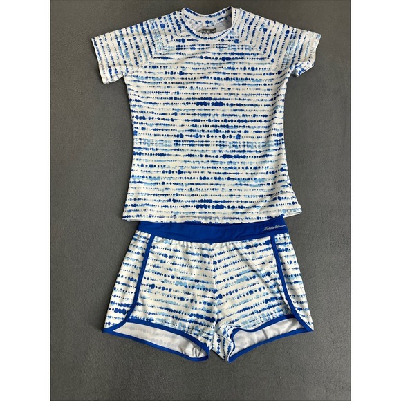 Eddie Bauer Other - Eddie Bauer Swim Set Kids L 14/16 Blue White Tie Dye Rash Guard Shorts 2pc
